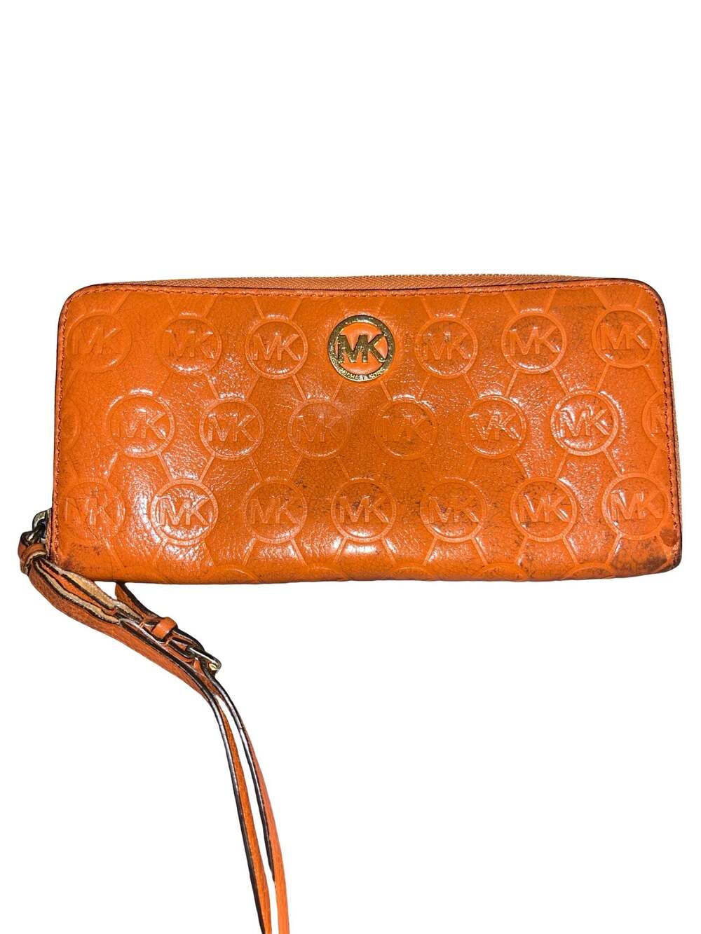 Michael Kors Orange Monogram Embossed Leather Zip Around Continental Wristlet Wa